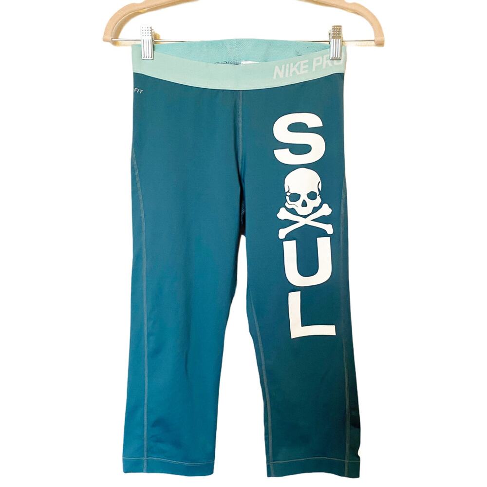 NIKE PRO Teal Capri Soul Cycle Skull Crop Legging Training Pants Size Medium